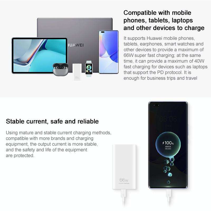 Original Huawei 66W GaN Ultra-thin Travel Charger Power Adapter with Type-C / USB-C Cable (White)