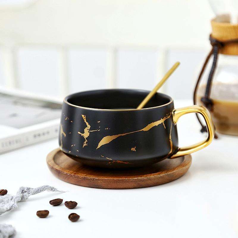 Marble Matte Gold Series Ceramic Tea Cup Coffee Mug With Wooden Lid Or Tray(Black with Tray)