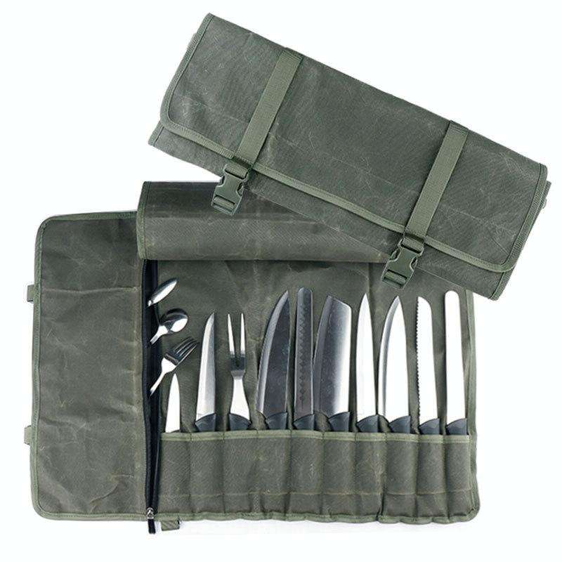 Oil Wax Canvas Roll Chef Knife Storage Bag(Army Green)