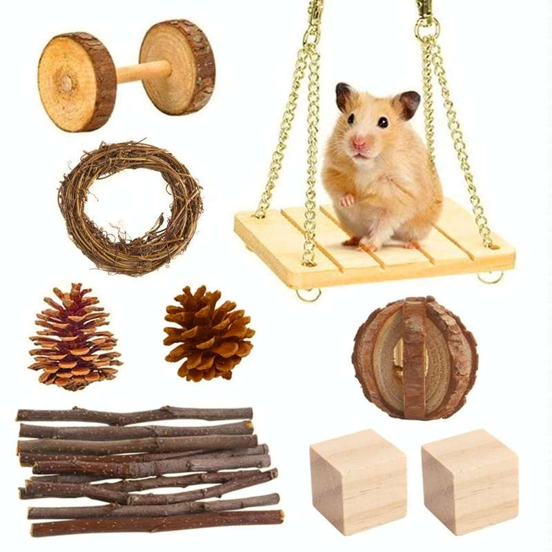 9 PCS / Set Hamster Toy Pet Rabbit Guinea Pig Parrot Play Grinding Wood Toys