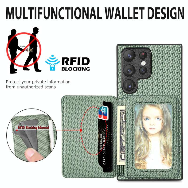 For Samsung Galaxy S22 Ultra 5G Carbon Fiber Magnetic Card Wallet Bag Phone Case(Black)