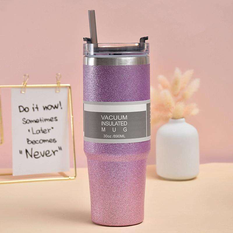 20oz Glitter Insulation Coffee Cup Double Layer Ice Cup Stainless Steel Car Cup With Straw(Purple...