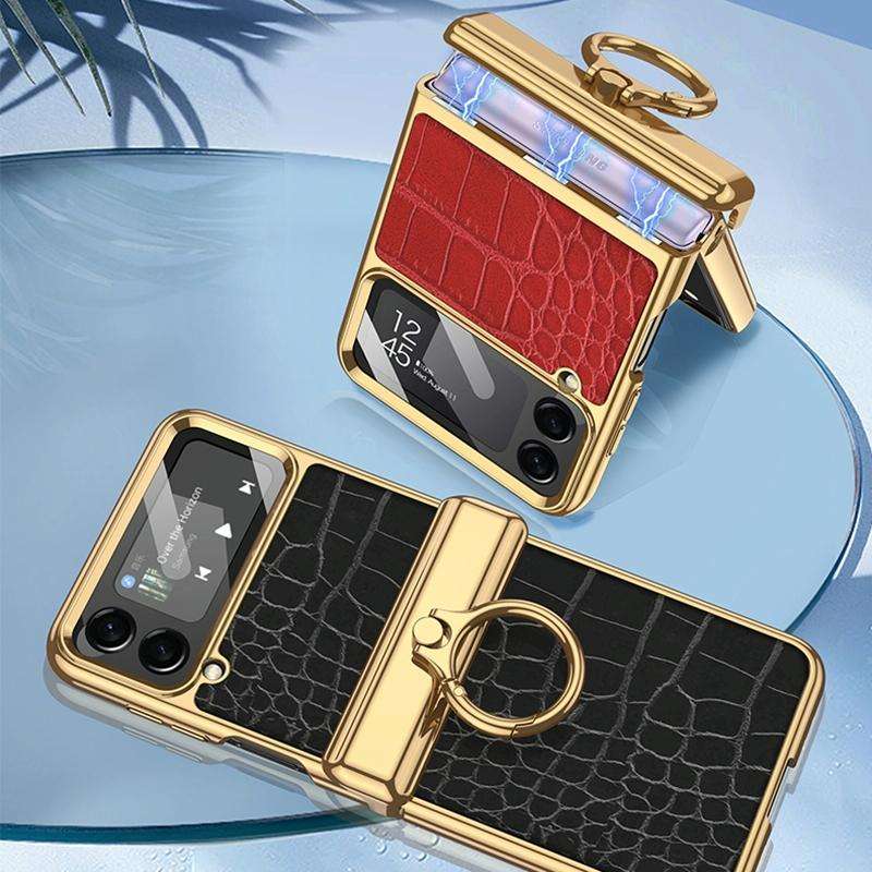 For Samsung Galaxy Z Flip4 GKK Integrated Plating + Leather Flip Phone Case(Crocodile Green)
