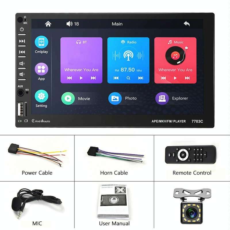 7703C 7 inch Car Double Butt Universal MP5 Bluetooth Player, Style: Standard+12 Light Camera