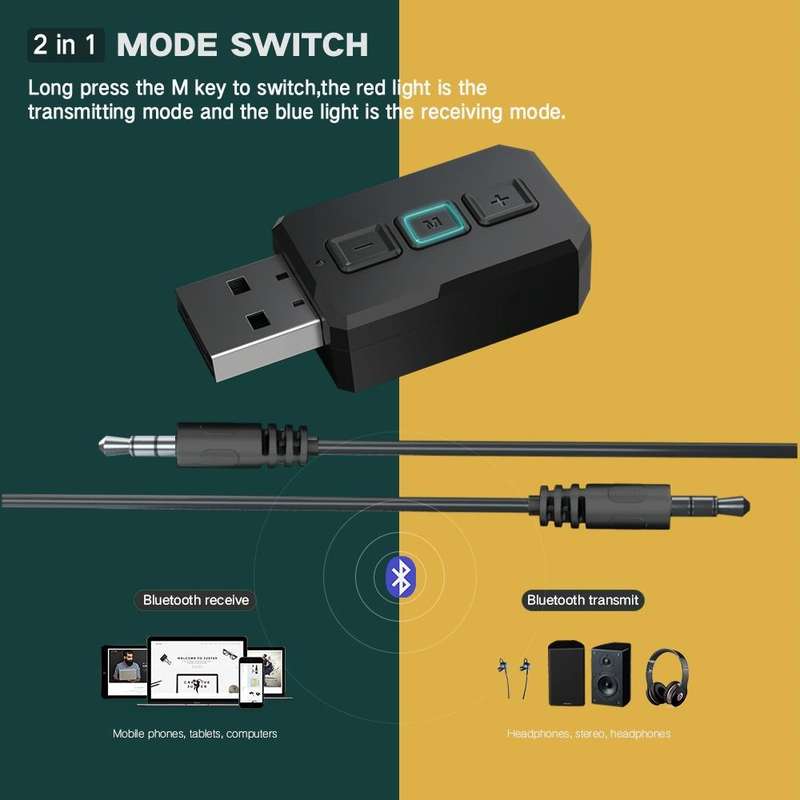 RT02 USB Bluetooth Audio Adapter Receives Transmits 2-in-1 Bluetooth 5.0 Hands-free Talk Car Blue...