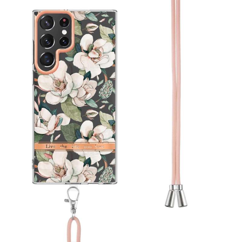 For Samsung Galaxy S22 Ultra 5G Flowers Series TPU Phone Case with Lanyard(Green Gardenia)