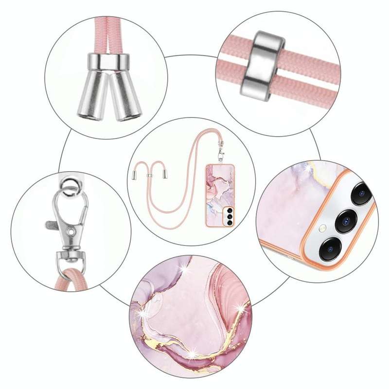 For Samsung Galaxy A05s Electroplating Marble Dual-side IMD Phone Case with Lanyard(Rose Gold 005)