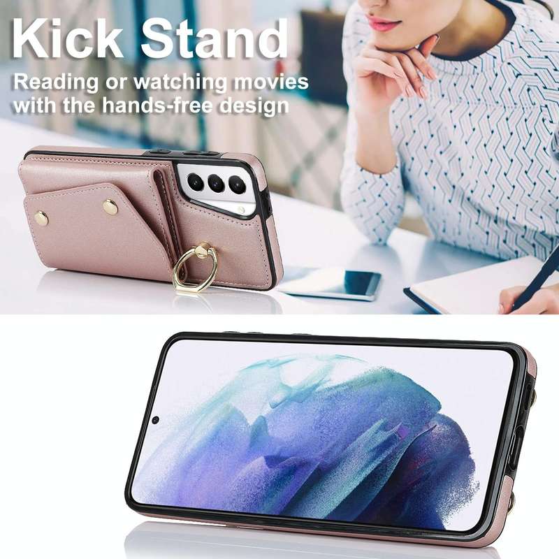 For Samsung Galaxy S21 5G Zipper Card Bag Phone Case with Dual Lanyard(Rose Gold)