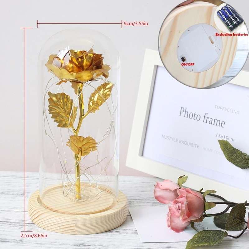Simulation Roses Lights Glass Cover Decorations Crafts Valentines Day Gifts(Gold Foil Rose Blue)
