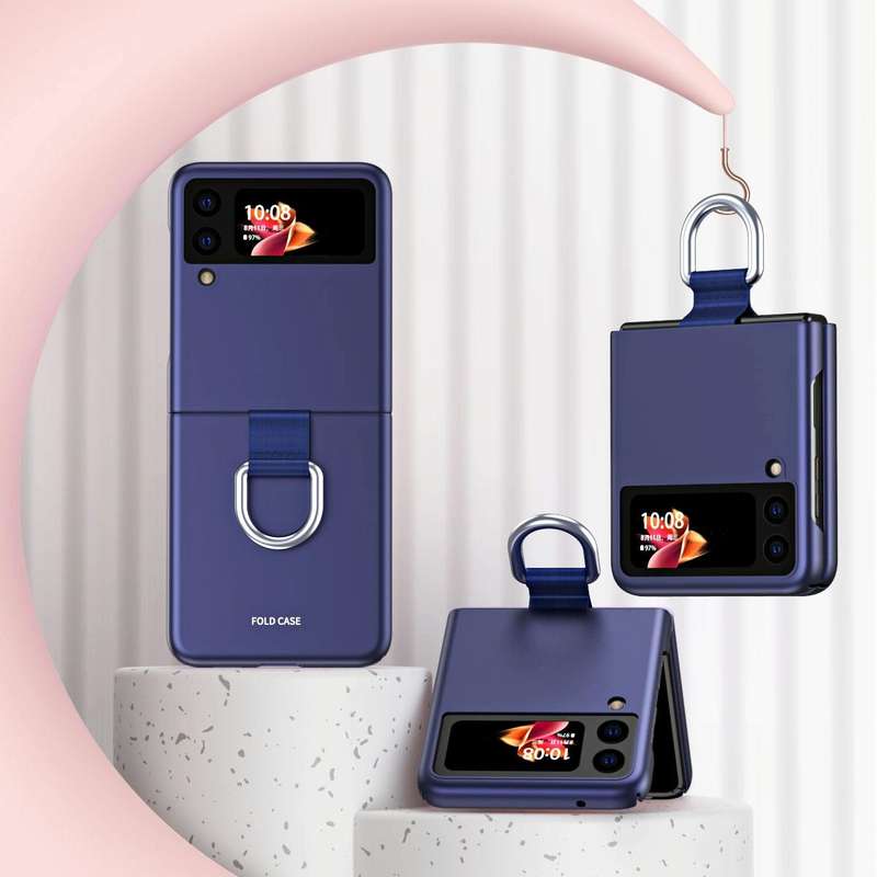For Samsung Galaxy Z Flip3 5G Skin Feel Folding Phone Case with Drawstring Key Chain(Blue)