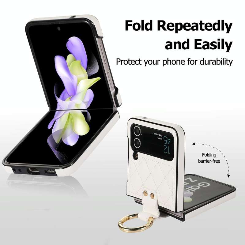 For Samsung Galaxy Z Flip4 Rhombic Microfiber Folding Phone Case with Ring(White)