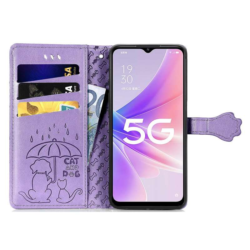 For OPPO A57 5G Cute Cat and Dog Embossed Horizontal Flip Leather Case(Purple)