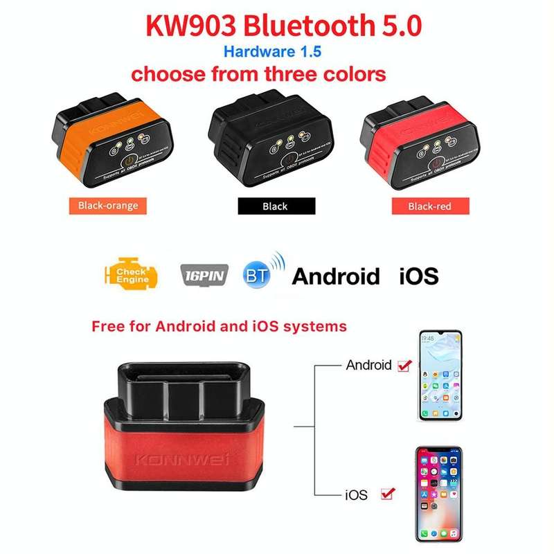 KONNWEI KW903 Bluetooth 5.0 OBD2 Car Fault Diagnostic Scan Tools Support IOS / Android(Black Orange)