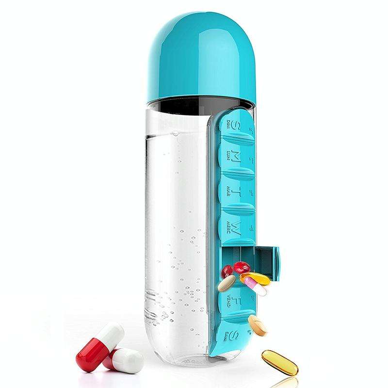 600ML Plastic Water Bottle with Daily Pill Box Organizer Drinking Bottles(Blue)