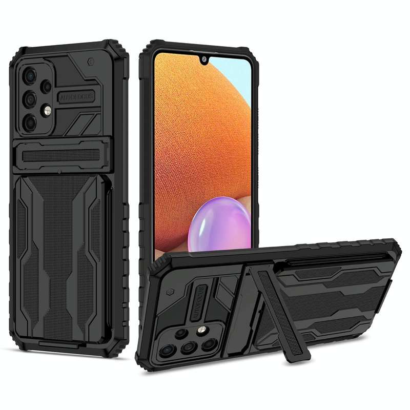 For Samsung Galaxy A32 4G Armor Card PC + TPU Shockproof Case with Card Slot & Invisible Holder(B...