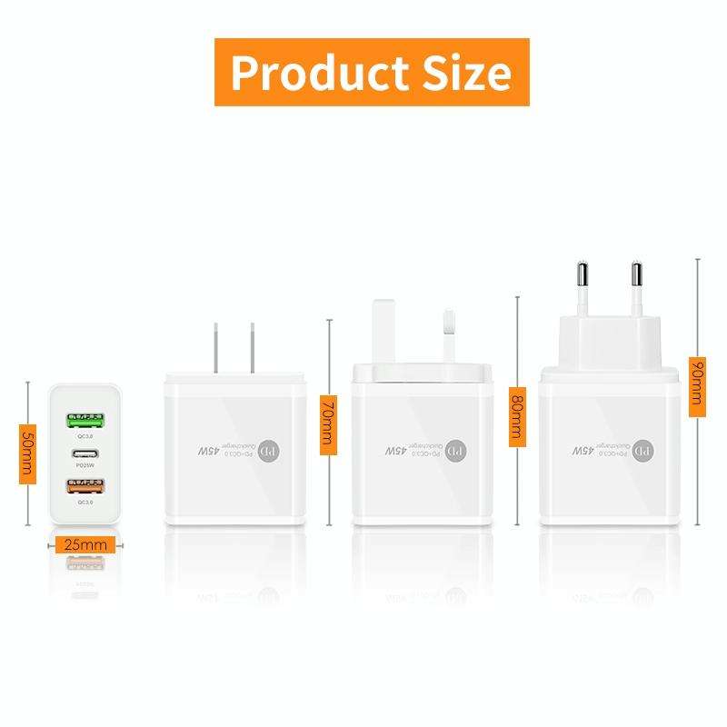 45W PD3.0 + 2 x QC3.0 USB Multi Port Quick Charger, UK Plug(White)