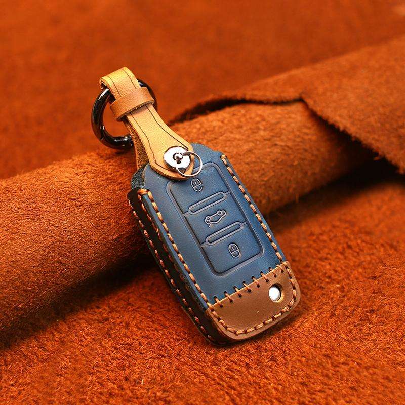 For Volkswagen Car Cowhide Leather Key Protective Cover Key Case, D Version(Blue)