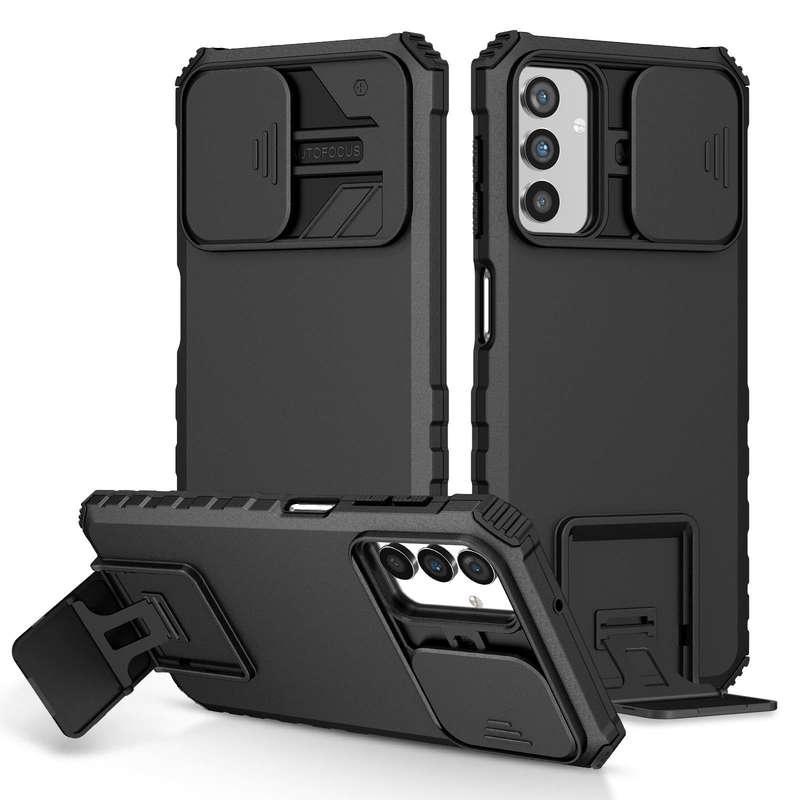 For Samsung Galaxy A13 Stereoscopic Holder Sliding Camshield Phone Case(Black)