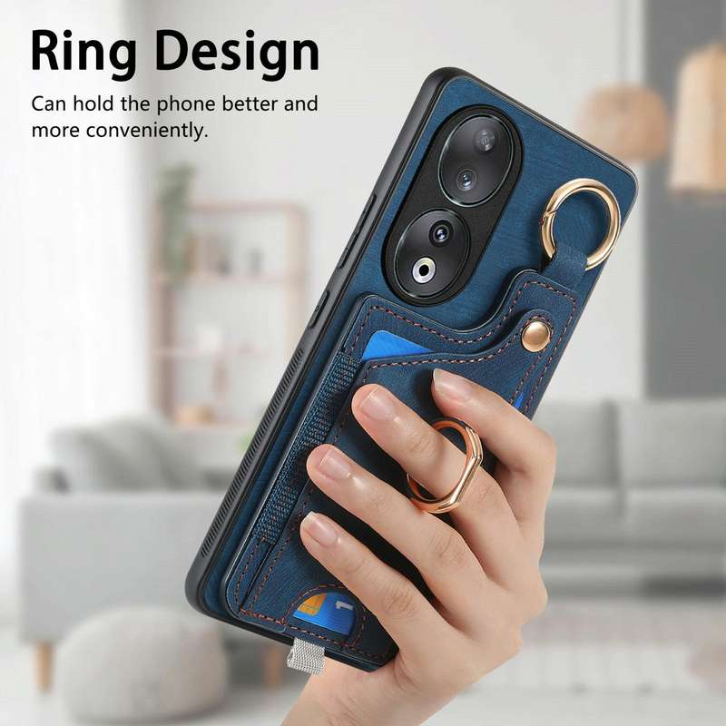 For Honor 90 Lite / X50i Retro Skin-feel Ring Card Bag Phone Case with Hang Loop(Blue)