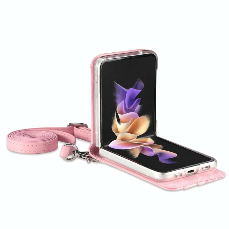 For Samsung Galaxy Z Flip4 5G Diagonal Lanyard Embossed Card Phone Case(Pink)