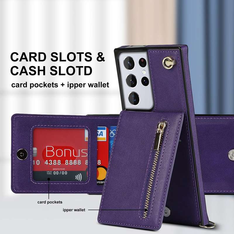 For Samsung Galaxy S21 Ultra 5G Cross-body Zipper Square TPU+PU Back Cover Case with Holder & Car...