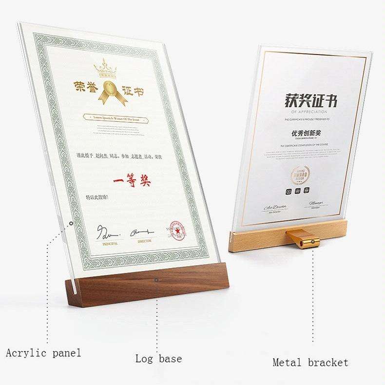 Transparent Acrylic Wooden Base Certificate Photo Frame Vertical Walnut
