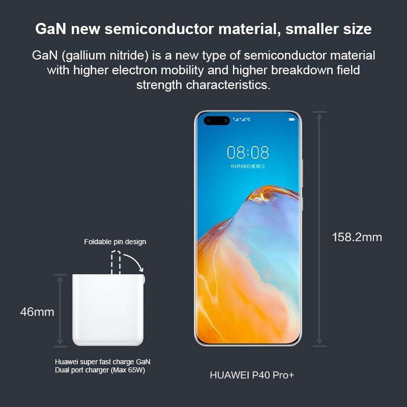 Original Huawei USB + USB-C / Type-C Interface Super Fast Charge GaN Dual Port Charger (Max 65W) ...