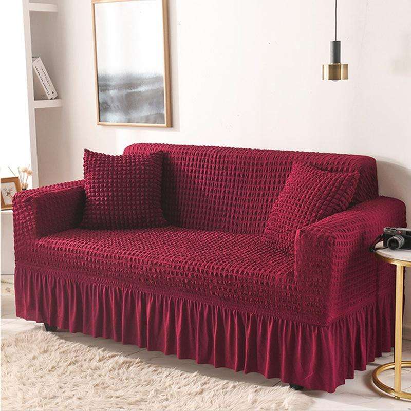 Living Room Stretch Full Coverage Skirt Style Sofa Cover, Size: Double M 145-185cm(One-color Wine...