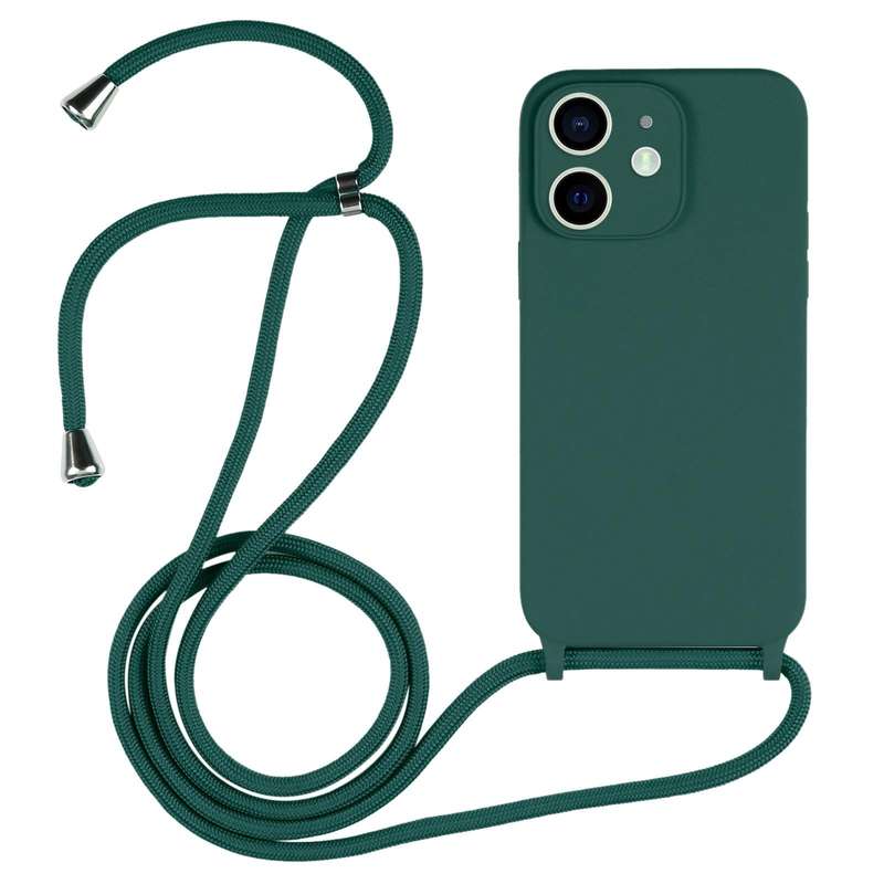 For iPhone 12 Crossbody Lanyard Liquid Silicone Case(Pine Needle Green)