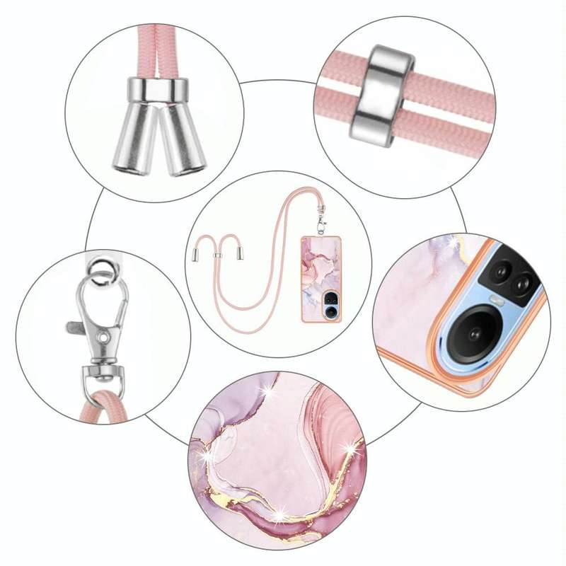 For OPPO Reno10 5G Global Electroplating Marble Dual-side IMD Phone Case with Lanyard(Rose Gold 005)