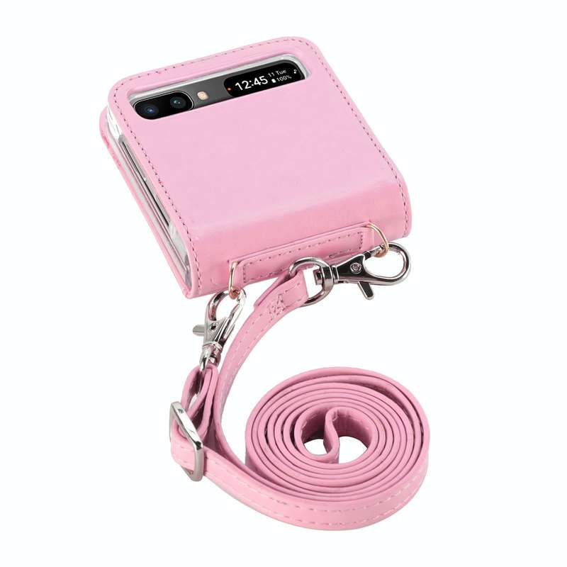 For Samsung Galaxy Z Flip 5G Diagonal Lanyard Embossed Card Phone Case(Pink)