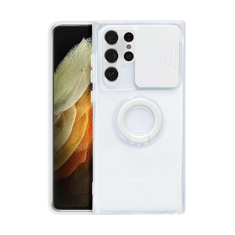For Samsung Galaxy S22 Ultra 5G Sliding Camera Cover TPU Protective Case with Ring Holder(White)