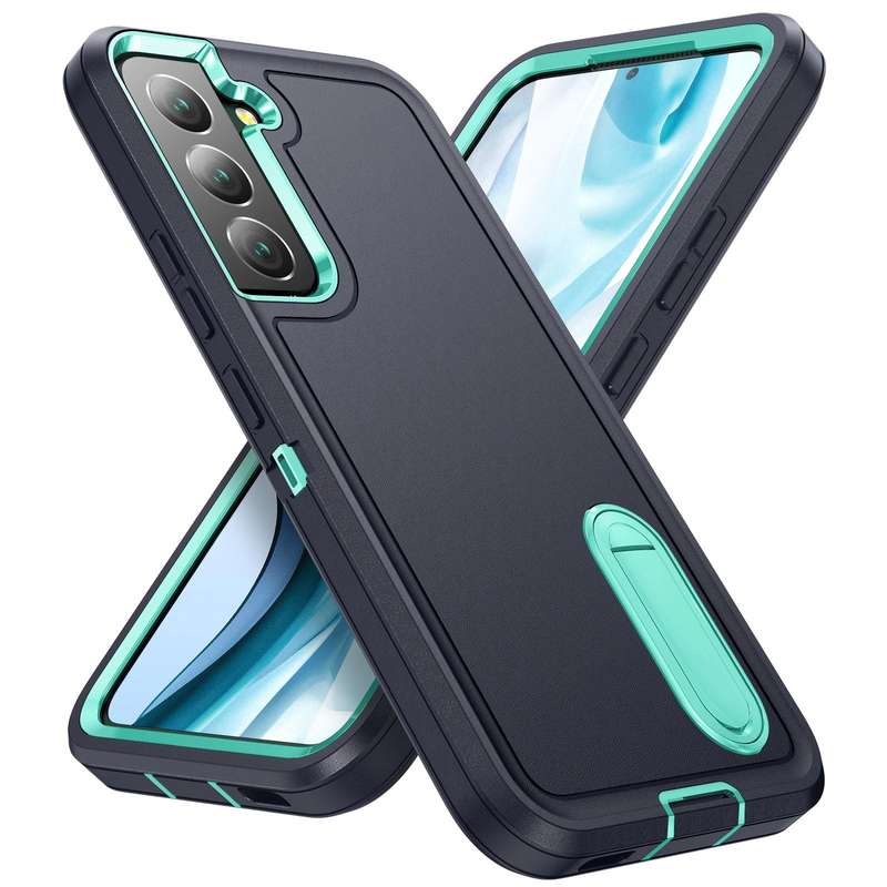 For Samsung Galaxy S22 5G 3 in 1 Rugged Holder Phone Case(Dark Blue+Light Blue)