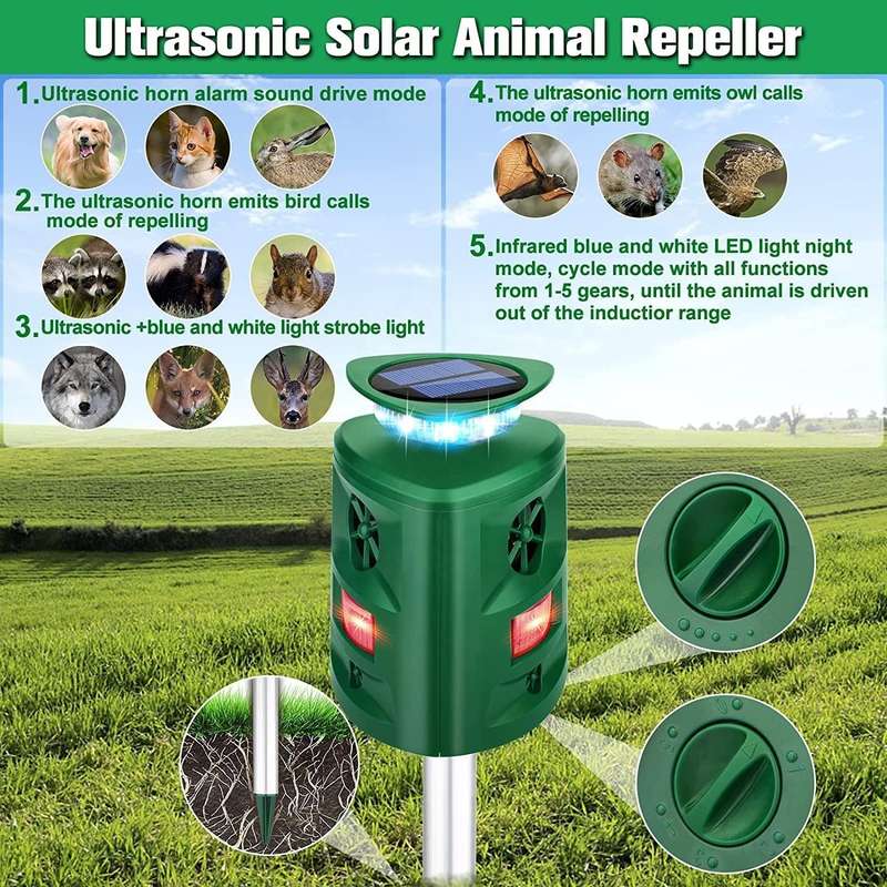 SK698 Solar Powered Animal Repeller 360 Degree Strobe Light Bird Repeller Ultrasonic Rat Repeller...
