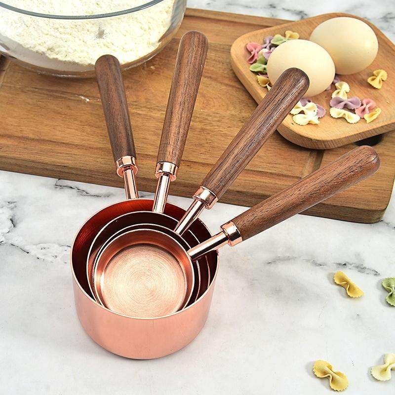 4 PCS / Set Measuring Cup Walnut Handle Copper-Plated Kitchen Baking Tools Bartender Scale Measur...