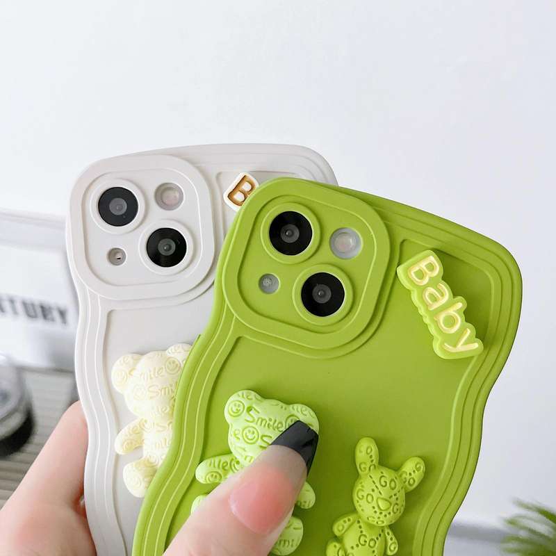 For iPhone 13 Pro Wave Edge 3D M Bear Bunny Silicone Phone Case(White)
