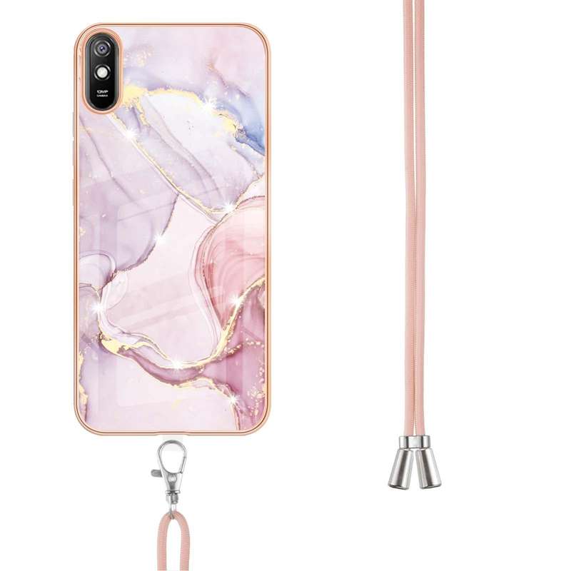 For Xiaomi Redmi 9A Electroplating Marble Pattern IMD TPU Shockproof Case with Neck Lanyard(Rose ...