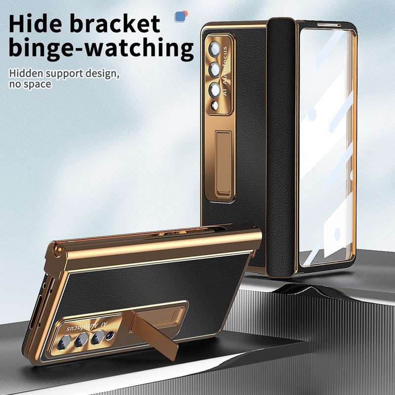 For Samsung Galaxy Z Fold4 Litchi Pattern Magnetic Shell Film Integrated Shockproof Phone Case(Bl...