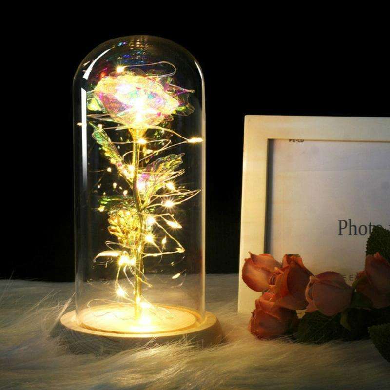 Simulation Roses Lights Glass Cover Decorations Crafts Valentines Day Gifts(Bright Color)