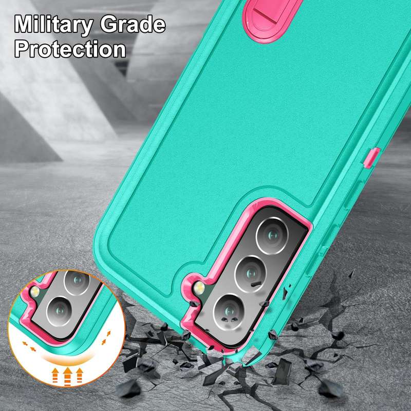 For Samsung Galaxy S22 5G 3 in 1 Rugged Holder Phone Case(Blue+Pink)