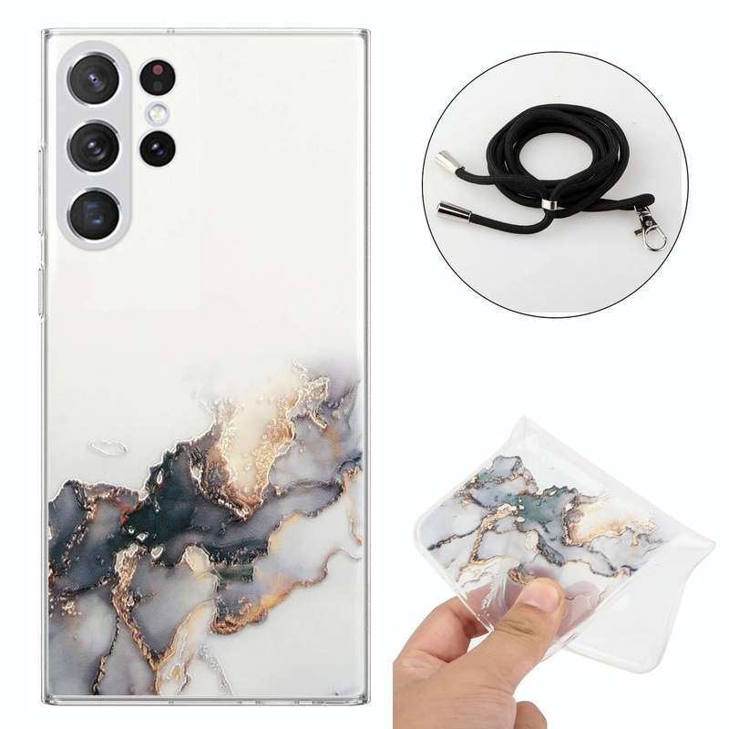 For Samsung Galaxy S23 Ultra 5G Hollow Marble Pattern TPU Shockproof Phone Case with Neck Strap R...