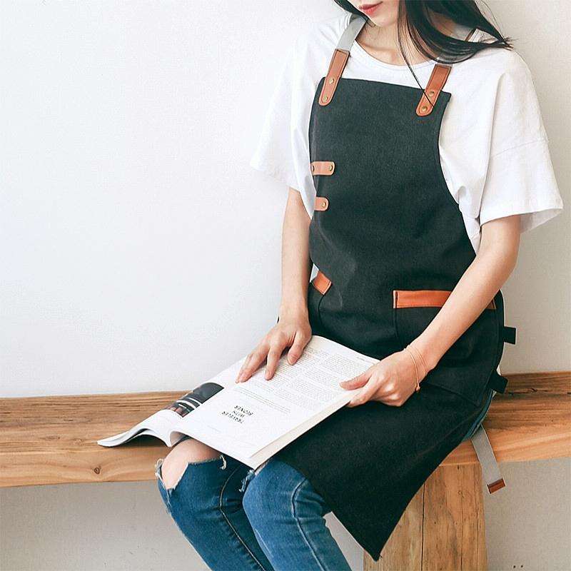 Washed Canvas Apron Chef Cafe Shop BBQ Hairdresser Aprons(Black)