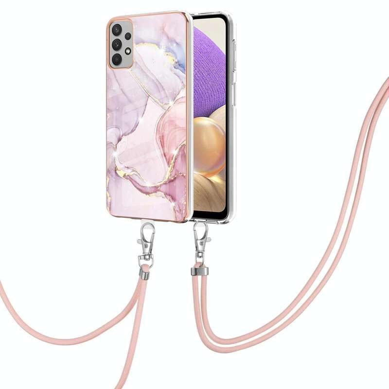 For Samsung Galaxy A73 5G Electroplating Marble IMD TPU Phone Case with Lanyard(Rose Gold 005)