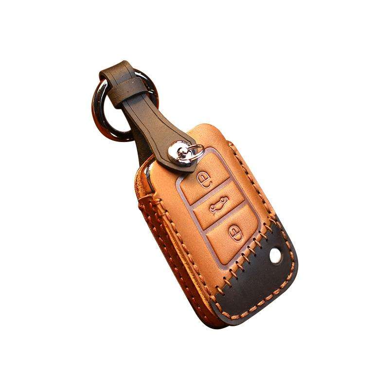 For Volkswagen Car Cowhide Leather Key Protective Cover Key Case, B Version(Brown)