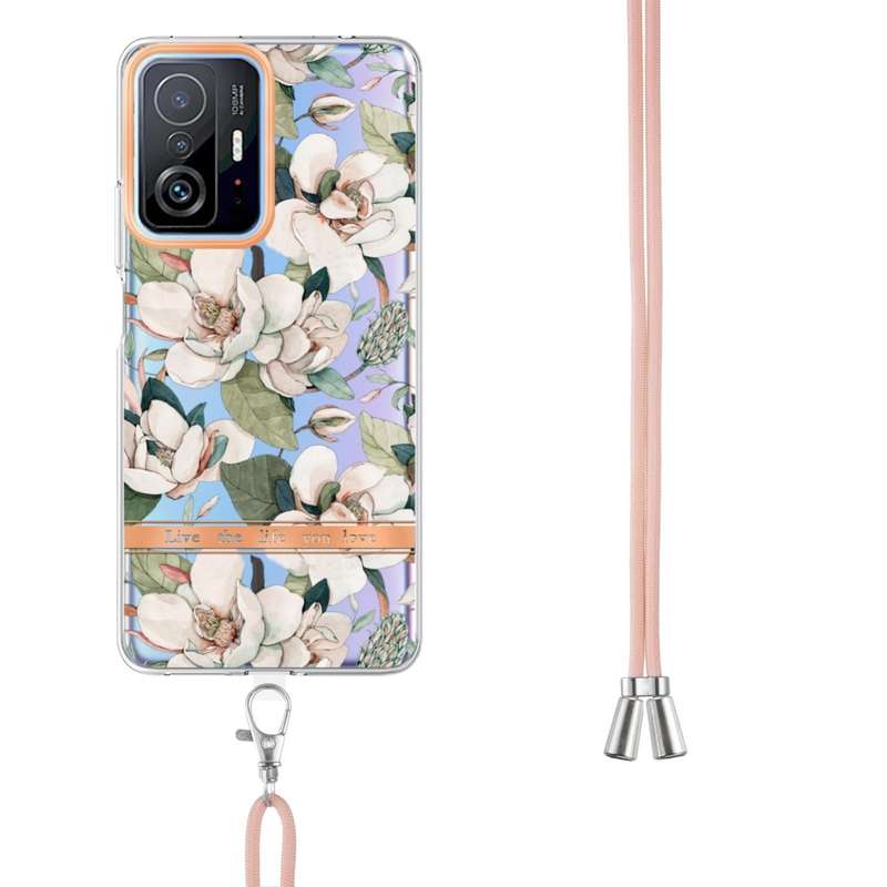 For Xiaomi Mi 11T Flowers Series TPU Phone Case with Lanyard(Green Gardenia)