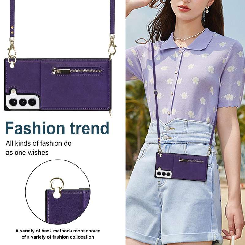 For Samsung Galaxy S21 FE 5G Cross-body Square Zipper Card Holder Bag Phone Case(Purple)