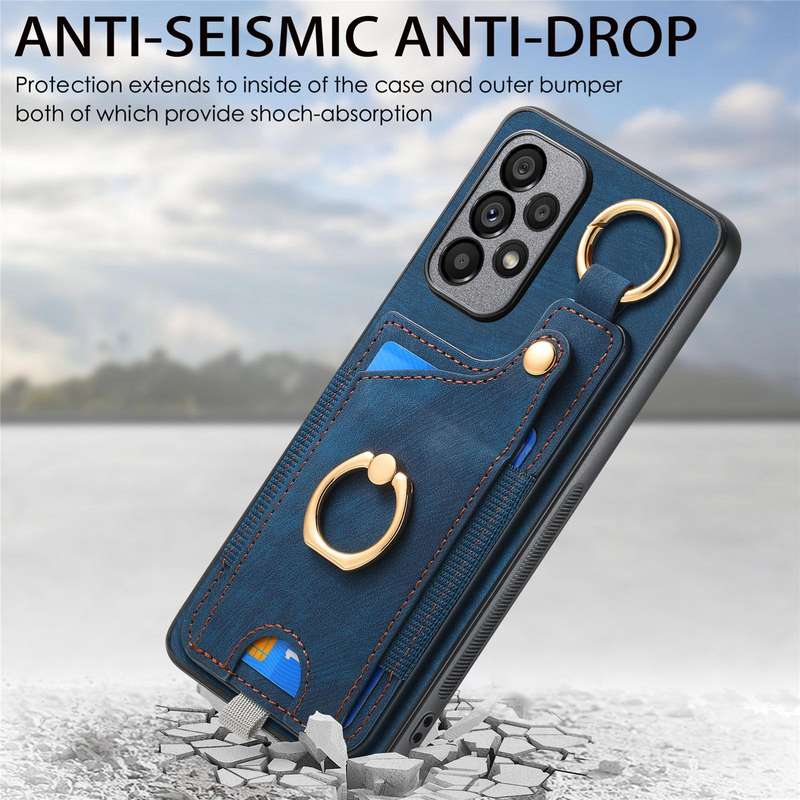 For Samsung Galaxy A73 5G Retro Skin-feel Ring Card Bag Phone Case with Hang Loop(Blue)
