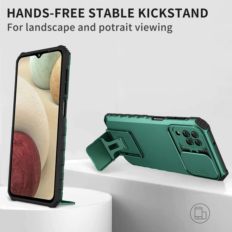 For Samsung Galaxy A12 5G Stereoscopic Holder Sliding Camshield Phone Case(Dark Green)