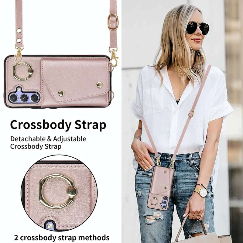 For Samsung Galaxy A54 5G Zipper Card Bag Phone Case with Dual Lanyard(Rose Gold)