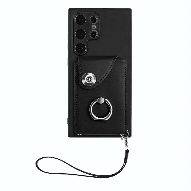 For Samsung Galaxy S24 Ultra 5G Organ Card Bag Ring Holder PU Phone Case with Lanyard(Black)